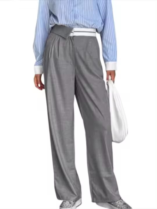 Pantalones holgados rectos grises informales de cintura alta para mujer primavera otoño - 1