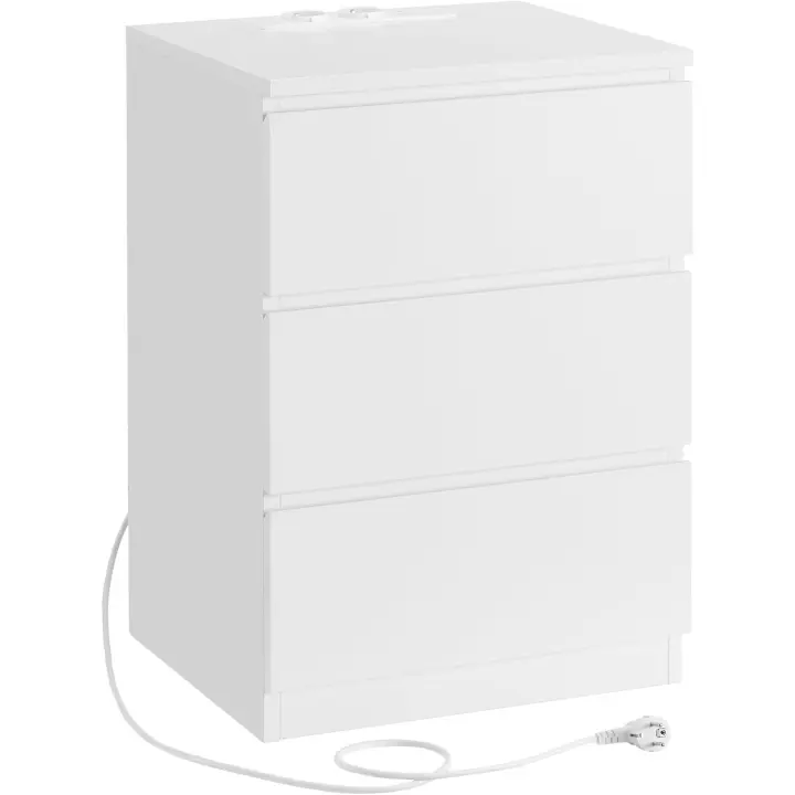 Mesita de Noche con Estación de Carga, Mesa Auxiliar con 3 Cajones, 2 Tomas AC, 2 Puertos USB, Salón, Dormitorio, Estudio, Blanco Nube LET631W14 - 1
