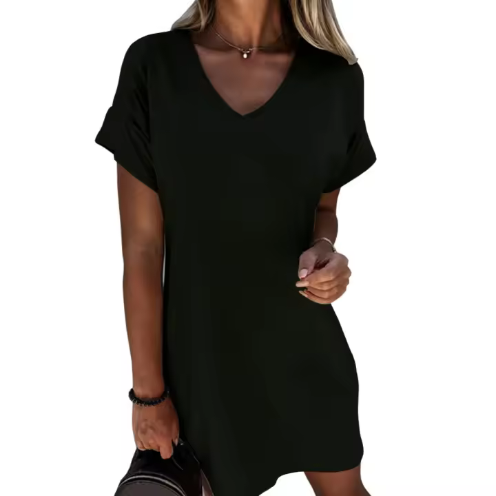 Nuevo vestido holgado de manga corta con cuello en V de color liso - 1