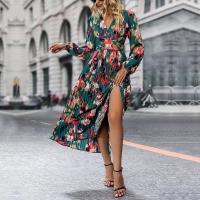 Vestido plisado de manga larga con cuello en V para mujer, estampado verde vintage, primavera y otoño - details 1