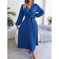 Vestido largo plisado con dobladillo grande para mujer, vestido cruzado de Color liso con cuello en V, moda de primavera y verano - details 17