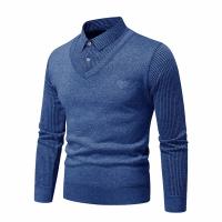 Otoño e Invierno nuevo suéter falso de dos piezas para hombres con forro polar y cuello tipo Polo ajustado camisa inferior de punto gruesa y cálida - details 4