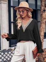 Blusa de retazos de encaje hueco para mujer, elegante camisa de manga larga para oficina, Tops elegantes sólidos sueltos, ropa de moda de otoño - details 7
