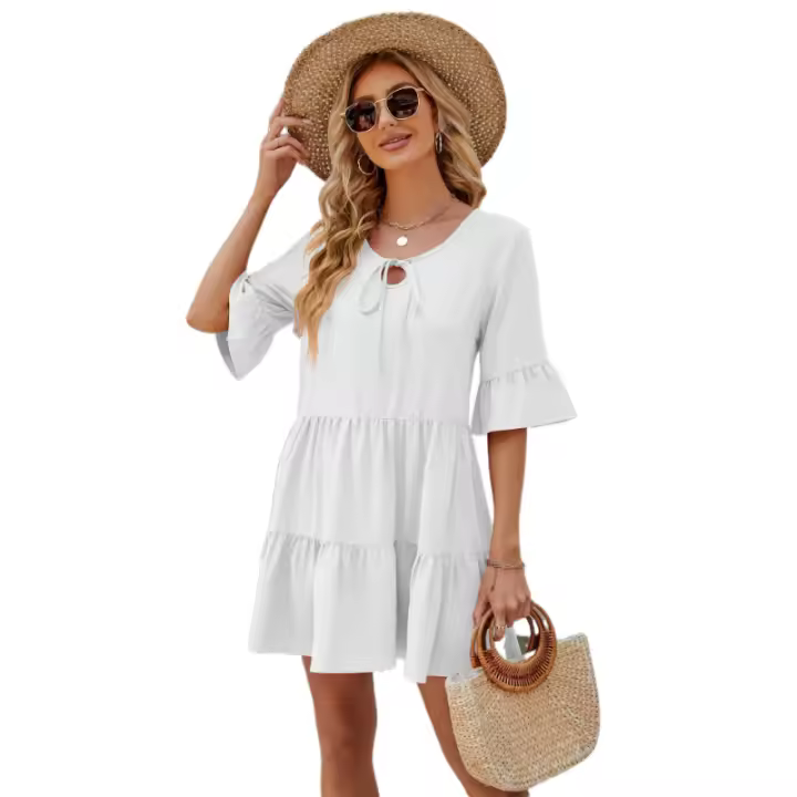 Vestido de Verano de Malla Cuello en V, Manga Corta, Ajuste Suelto, Moda Casual para Mujeres - 1