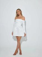 Vestido corto plisado de manga larga con hombros descubiertos para mujer, minivestido elegante de corte en A, ajustado, desechable - details 1