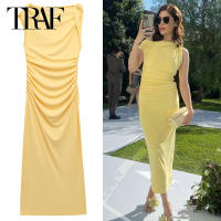 Vestido Amarillo TRAF Para Mujer Elegante Midi Asimétrico Sin Mangas Vestido De Verano 2025 Con Volantes Y Cintura Natural - details 1