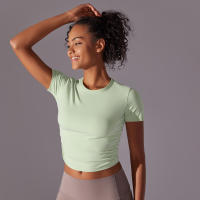 Hamidou-camisetas deportivas ajustadas de manga corta para mujer, Tops atléticos de color sólido para entrenamiento, gimnasio, correr, ropa deportiva - details 25