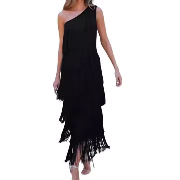 BUNO-Vestidos asimétricos con flecos en los hombros, moda entre las mujeres,Vestido de fiesta de cóctel de primavera y verano, elegante vestido de noche con borlas y flecos para mujer, largo de un hombro para fiesta de cóctel - 1