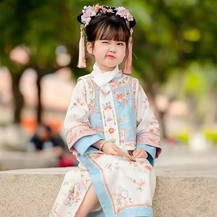 Disfraz antiguo para niños, ropa a cuadros, corte de la dinastía Qing, conjunto de cheongsam de dos piezas de estilo chino para niñas de primavera - 1
