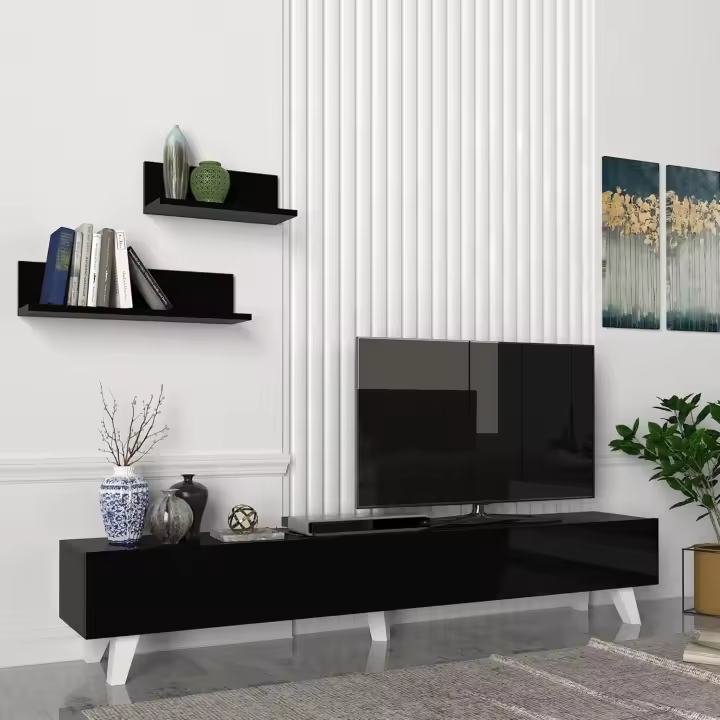 Juego de Mueble Salón Decorativo Mesa TV con 2 Estantes de Pared Módulos Salón Aglomerado 180 x 31 x 33 cm - 1