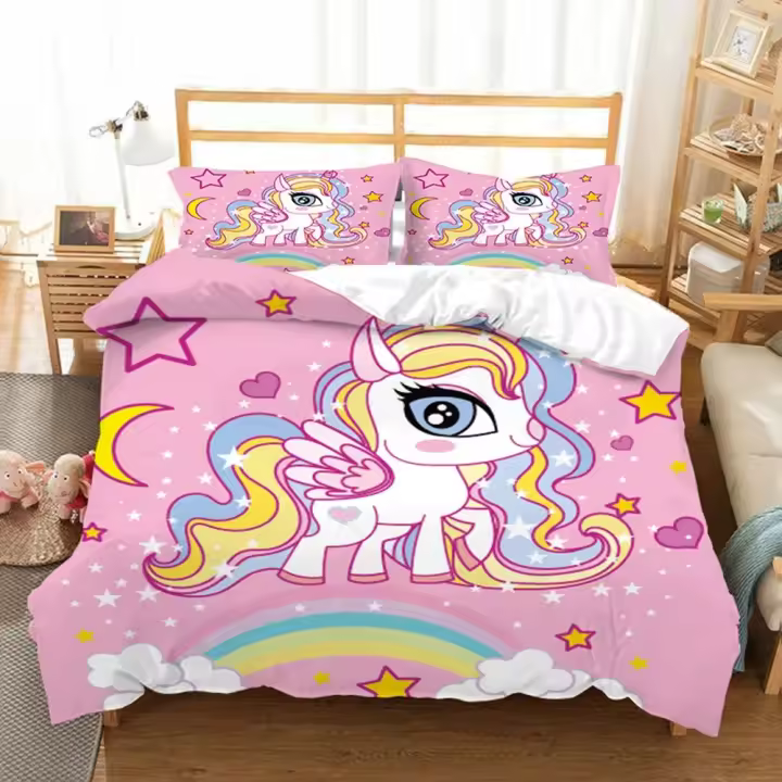 Juego de Ropa de Cama 3D de Unicornio de Dibujos Animados Funda de Edredón Rosa para Niñas - 1
