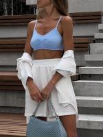 Conjunto de dos piezas de camisa de manga larga con cuello vuelto, botones y bolsillo, y pantalones cortos anchos de pierna, de algodón, estilo primaveral/veraniego. - details 26