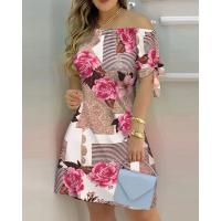 Vestido Estampado Sexy A La Moda Para Mujer, Vestido Acampanado De Manga Corta Con Hombros Descubiertos, Minivestidos Con Hombros Descubiertos Para Mujer - details 23
