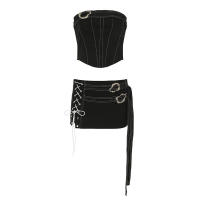 BUNO-Top corto ajustado negro sin mangas con hombros descubiertos, falda súper mini de cintura baja, ropa de calle de verano, conjunto de 2 piezas para mujer - details 9