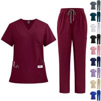 Uniforme de enfermera de color sólido para mujer, traje de pantalones de manga corta con cuello en V de tela de secado rápido, uniforme de enfermería con múltiples bolsillos - details 0