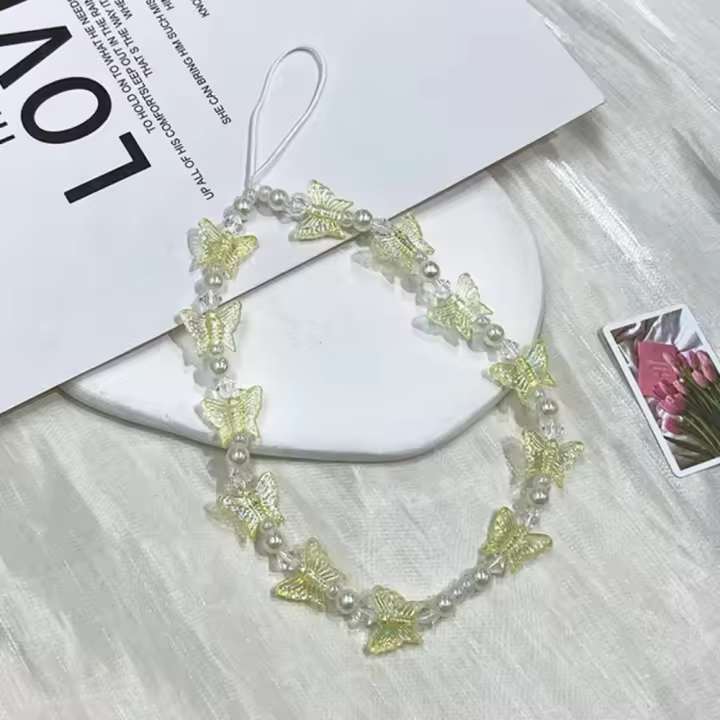 Cordón para teléfono móvil con cuentas de mariposa, Y2K, cristal transparente, colores dulces, llavero para teléfono móvil, plástico dulce - 1