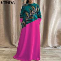 Vestido largo de talla grande 5XL VONDA Vintage estampado para mujer, vestido veraniego de fiesta con retales bohemios, vestido informal holgado de manga larga - details 2