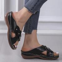 Women Floral Decor Cross Strap Slides Shoes Open Toe Low Wedge Sandals Hollow Out Solid Color Slippers - details 1