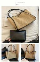 Bolso de hombro de paja de gran capacidad para mujer, textura de tejido natural, ribete de bloques de color, bolso de mano artístico de paja, perfecto para uso diario y salidas, disponible en 2 colores - details 6