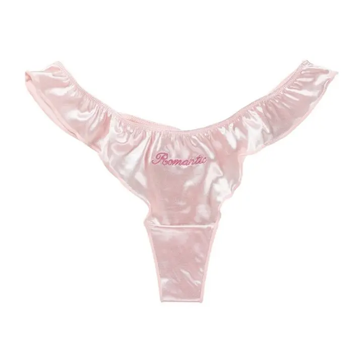 Tanga con volantes de seda satinada y letras a la moda, bragas de seda de hielo con bordado sin costuras, ropa interior, bragas sin rastro para mujer para uso diario - 1