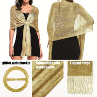 Mujer con hebilla de metal brillante, elegante bufanda bordada con flecos, para eventos nocturnos de comuniones - details 2