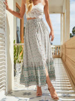 Faldas florales Bohemias de verano para mujer, cintura elástica, corte en A, falda Maxi con abertura, estampado verde S - details 3