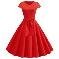 Women summer vintage with belt short sleeve v neck elegant retro swing party dresses - details 52