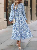 Elegante Vestido Maxi Floral Casual Cuello Redondo con Volantes Manga Larga - details 1
