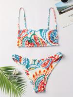 Traje De Baño Con Lazo En La Espalda Y Tirantes Finos Con Estampado De Plantas, Bikini De 2 Piezas De Punto Acanalado Colorido - details 0