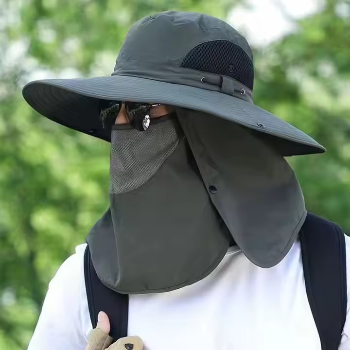Moda algodón hombre sombrero para el sol máscara para escote malla cubierta de verano gorra facial máscara de ala ancha gorra de pesca al aire libre protección solar - 1