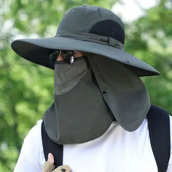 Moda algodón hombre sombrero para el sol máscara para escote malla cubierta de verano gorra facial máscara de ala ancha gorra de pesca al aire libre protección solar - 1