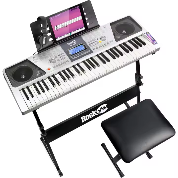 RockJam con teclado de 61 teclas con banco de piano digital, soporte para piano eléctrico, auriculares, pegatinas para notas de piano y lecciones de piano simplemente - 1