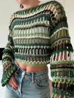 Suéter mujer una palabra cuello cabeza manga larga grano horizontal grano vacío playa bata suéter primavera y verano - details 0