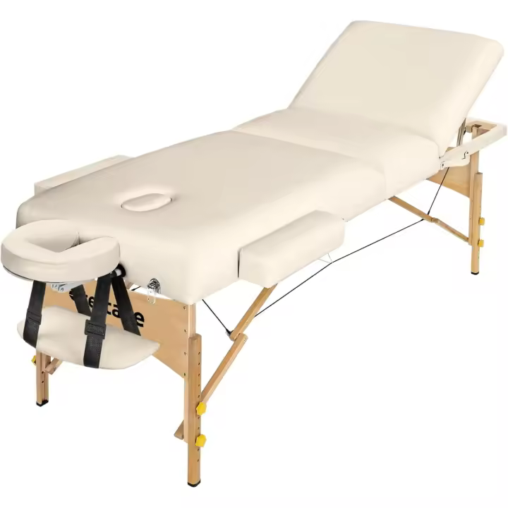 Camilla Masaje Plegable de Madera, Camilla Profesional para Fisioterapia, Quiromasaje, Tatuajes, Reiki, Camilla Estética Profesional Ajustable, con Bolsa de Transporte, 218x102x65-90 cm - Beige - 1