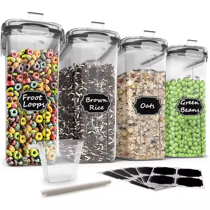 Contenedores de almacenamiento de alimentos, Wildone herméticos para cereales para azúcar, harina, refrigerios, suministros para hornear, a prueba de fugas con tapas de bloqueo negras – Juego de 4 - 1
