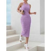 Vestido Bodycon Midi De Verano Para Mujer Cuello Halter Sólido Alta Cintura Slim Elegante Vestido De Oficina Sin Mangas Polyester - details 6