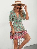 Falda Mini Casual con Estampado Elegante Corte A-Línea, Tirante Grande, Cintura de Encaje Bohemio, Mangas Abullonadas, Venta de Liquidación Asequible - details 4
