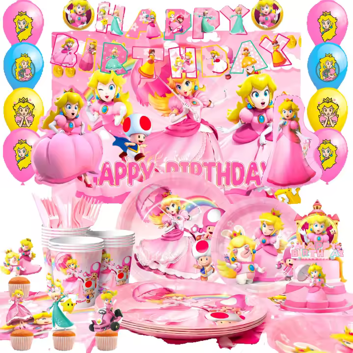 Suministros de Fiesta de Princesa Peach Juego de Mesa de 122 Piezas Cinta de Cumpleaños Globo - 1