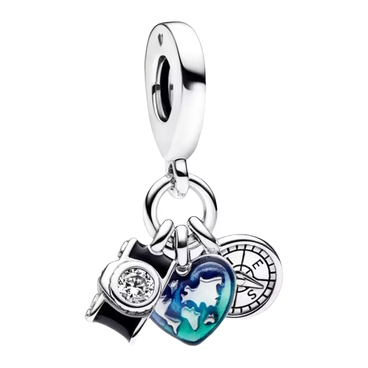 Colgante de plata de ley con dije de cámara, corazón y brújula con colgante triple792703C01, incluye Ca original - 1