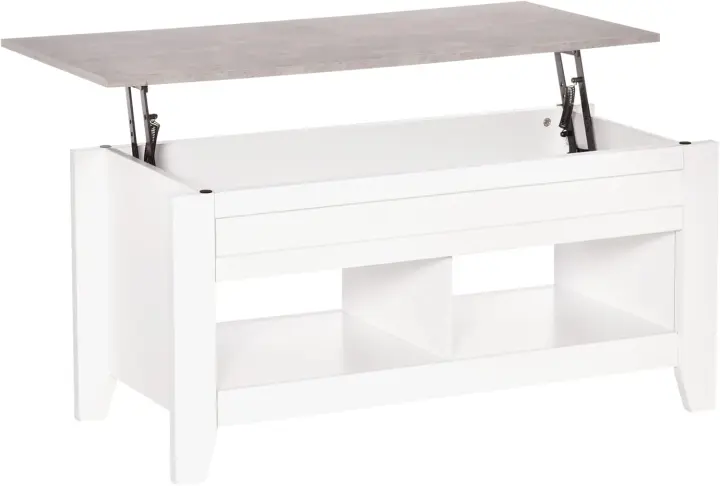 Mesa de Centro Elevable Mesa de Café con Encimera Elevable 2 Compartimentos Abiertos y Espacio Oculto de Almacenaje 105x50x49 cm Blanco y Efecto Mármol - 1
