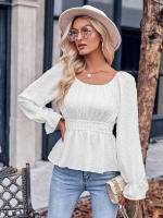 Top informal de manga con volantes para mujer, Top con cuello redondo y cintura, Color liso, otoño e invierno, 2023 - details 1