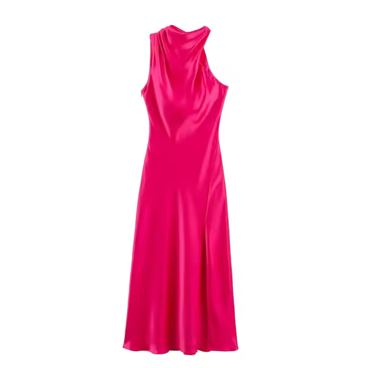 Vestido largo sencillo de verano 2025 con textura satinada asimétrica y temperamento para mujer - 1