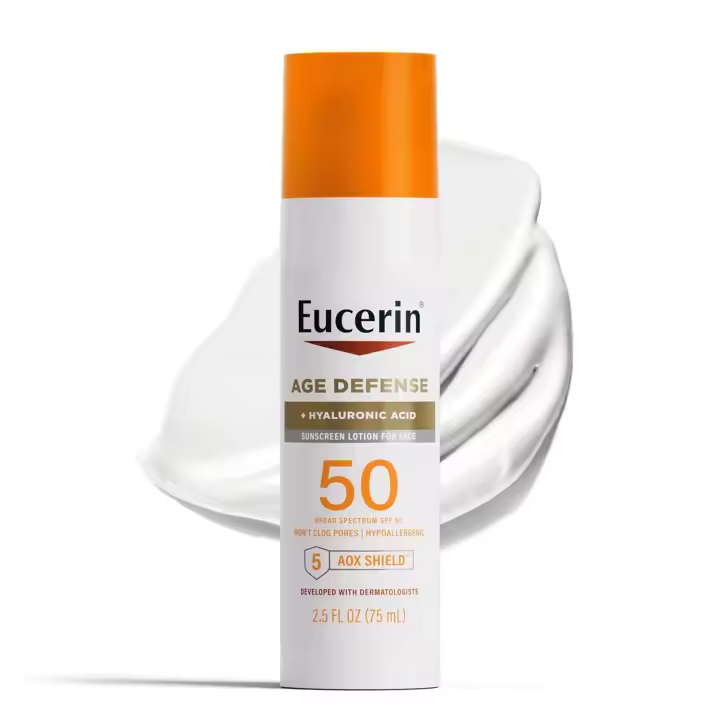 Eucerin Sun Age Defense Loción facial con ácido hialurónico, protector solar hipoalergénico y no comedogénico SPF 50 sin fragancia, - 1