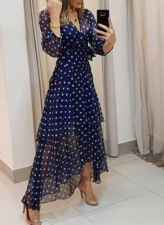 Vestido largo con cuello en V para mujer, estampado irregular de lunares, para primavera y otoño - 1