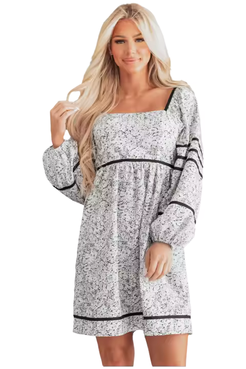 Elrachen Mini vestido de mujer con estampado floral y espalda abierta y manga globo con cuello cuadrado, gris, tallas S-XL - 1