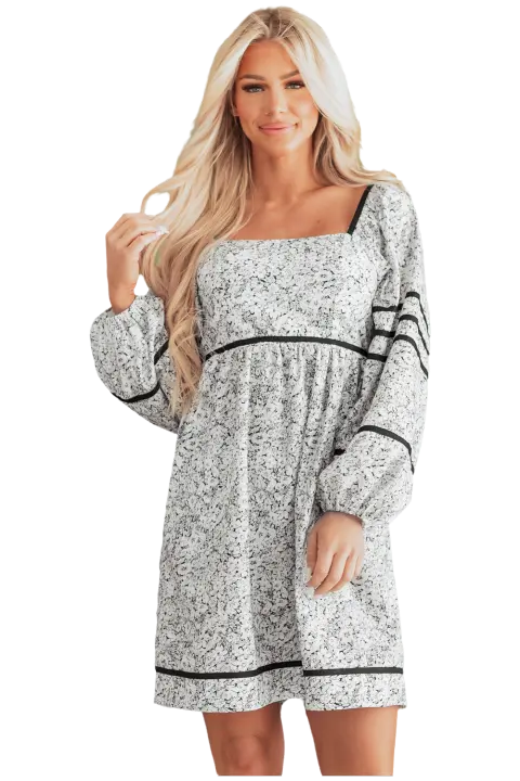 Elrachen Mini vestido de mujer con estampado floral y espalda abierta y manga globo con cuello cuadrado, gris, tallas S-XL - 1