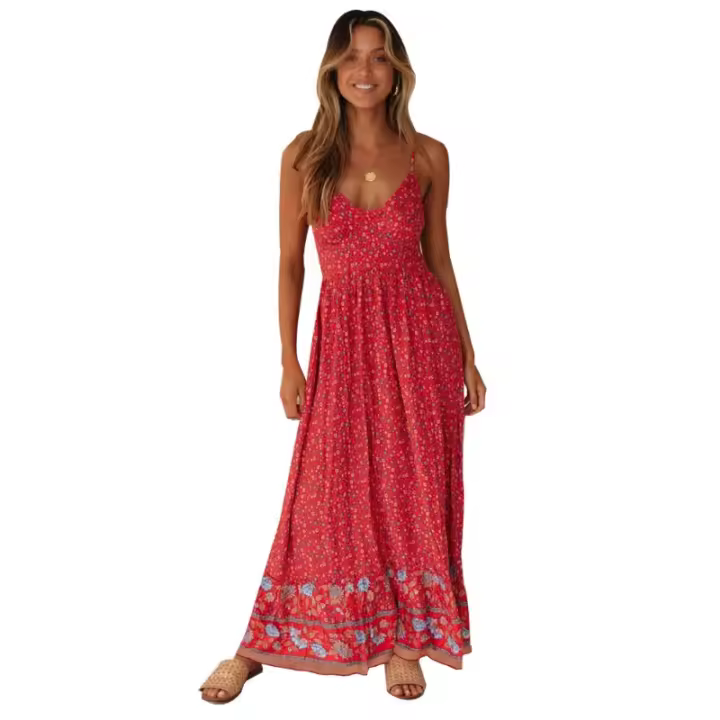 Vestido largo bohemio de verano para mujer con cuello en V y tirantes, estilo floral europeo y americano, ropa asiática. - 1