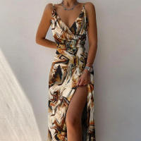 Correa de espagueti estampada para mujer V Vestido Formal de fiesta de playa Sexy con abertura lateral y cuello - details 8