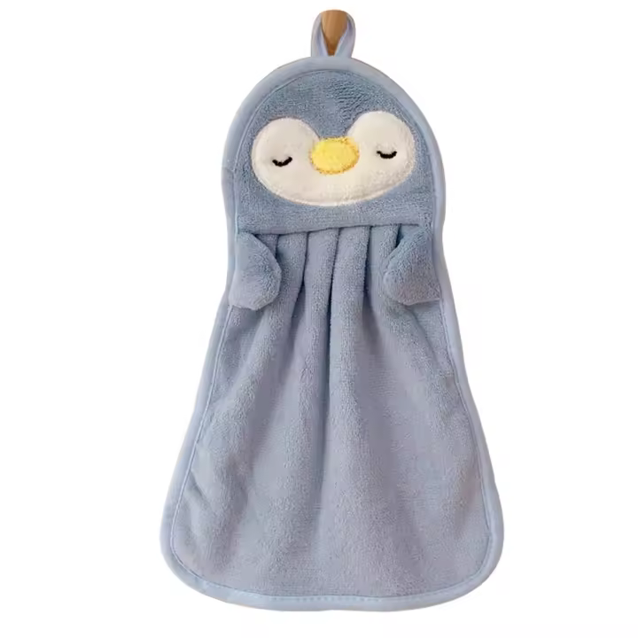Toalla de mano colgante absorbente para bebé, lindo pingüino, pato, agradable para la piel, suave, azul - 1