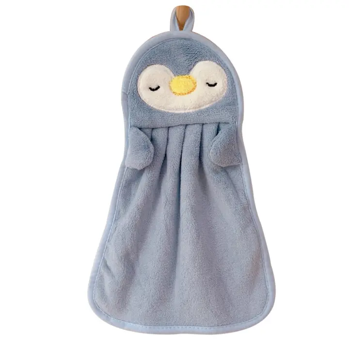 Toalla de mano colgante absorbente para bebé, lindo pingüino, pato, agradable para la piel, suave, azul - 1